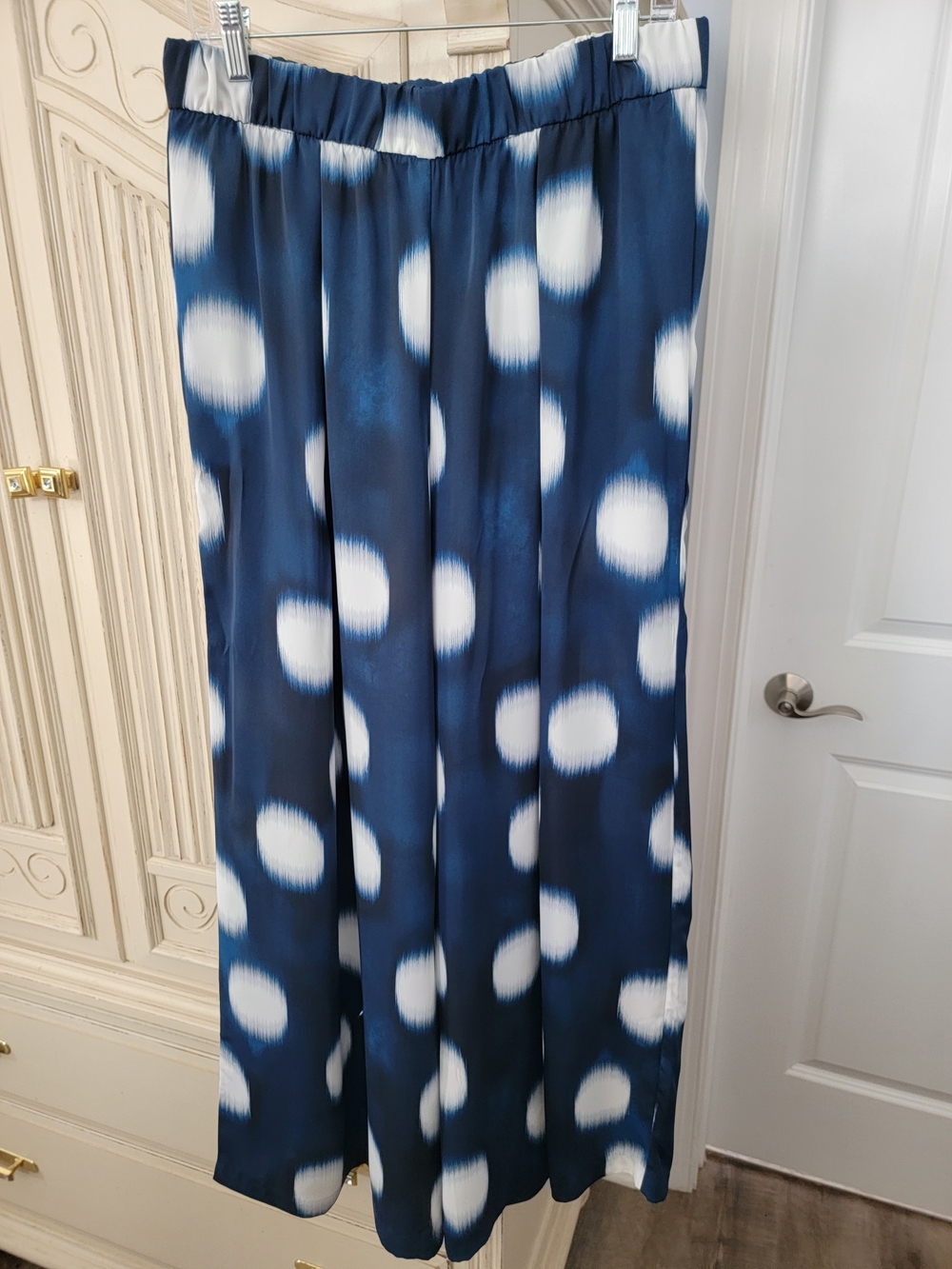 Navy Blue Wide-Leg Polka Dot Pants